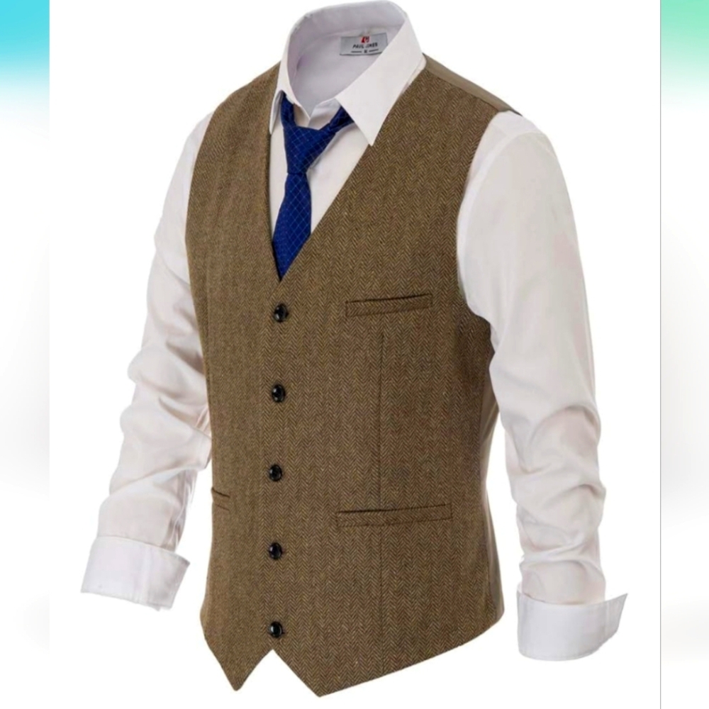 PJ PAUL JONES Men's Western Herringbone Tweed Suit Vest Wool Blend XL